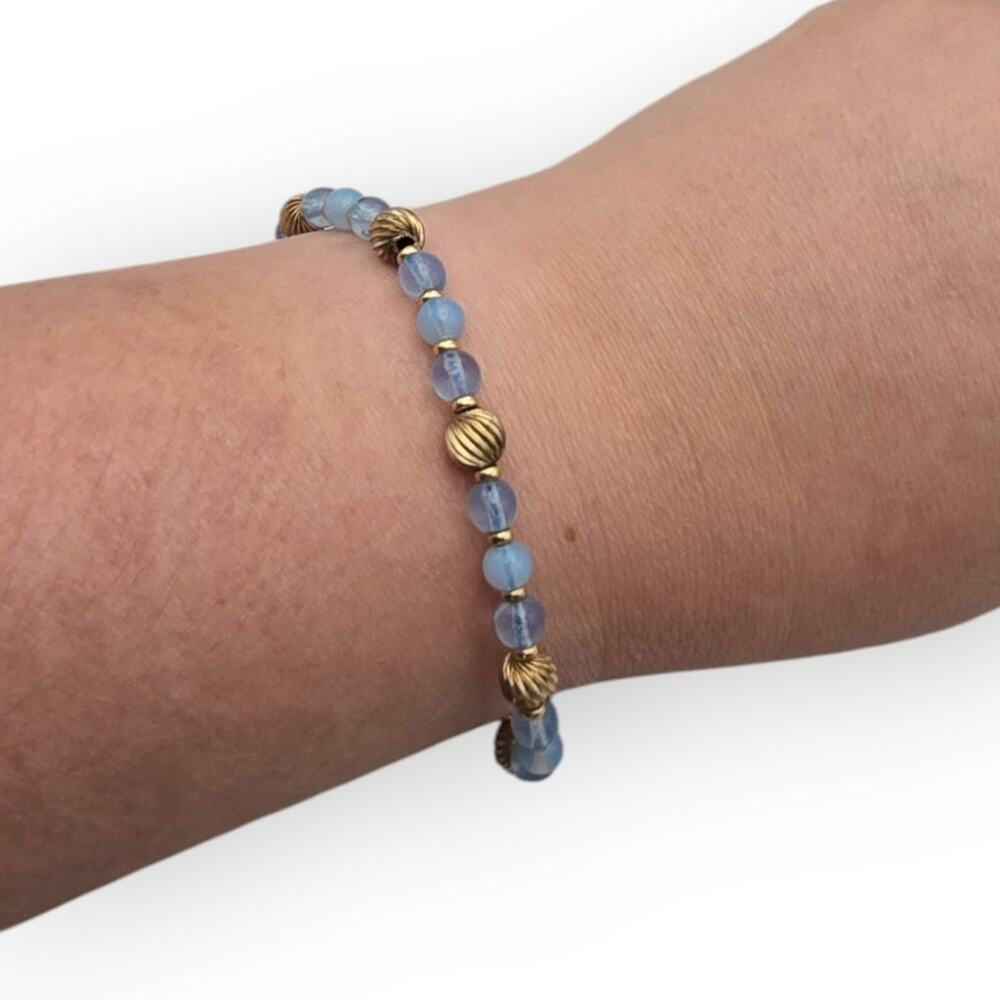 Blue Glass Bead Bracelet Gold Tone Ribbed Spacers - Soft Glam